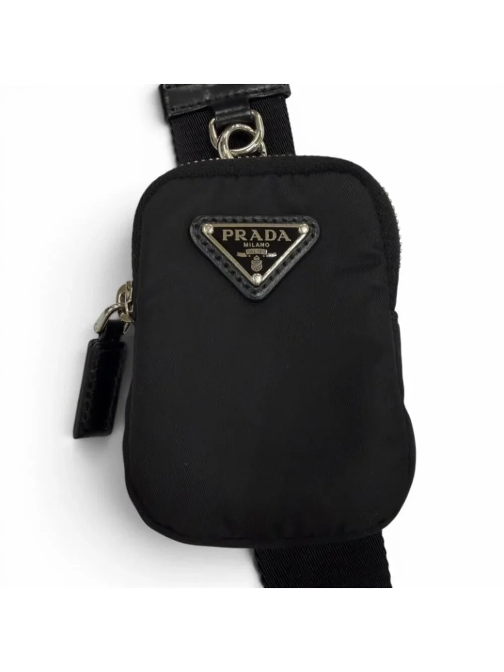 Prada Nylon Leather Re-Nylon Triangle Logo Shoulder Bag Black Silver with Plate